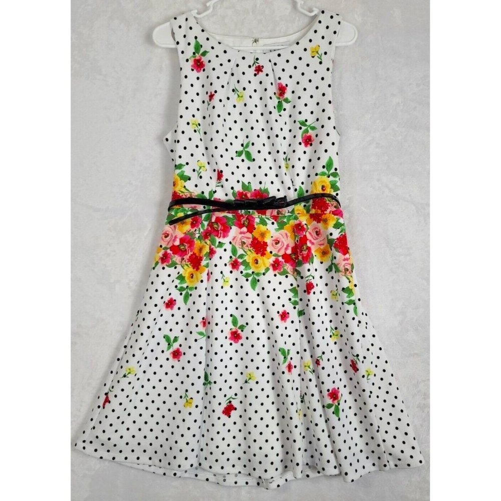 ELLE Women's White Fit & Flare Polkadot Floral Spring Dress W Belt Size Medium